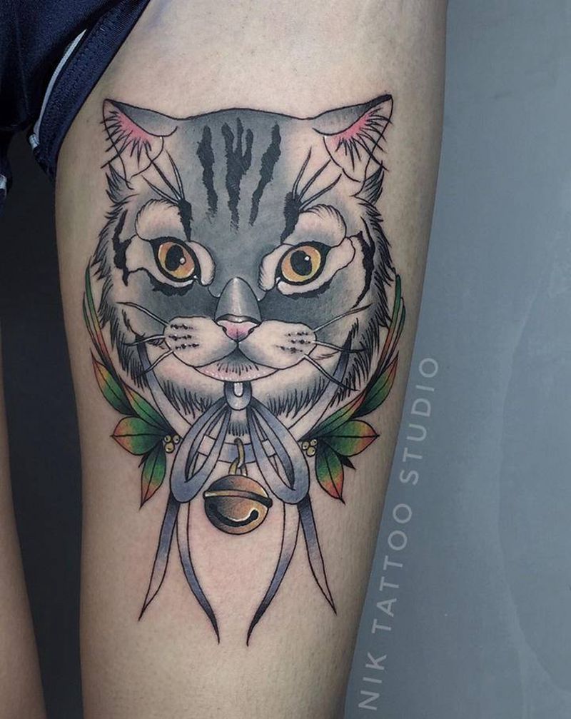 猫纹身图片_腿部New School猫纹身图案