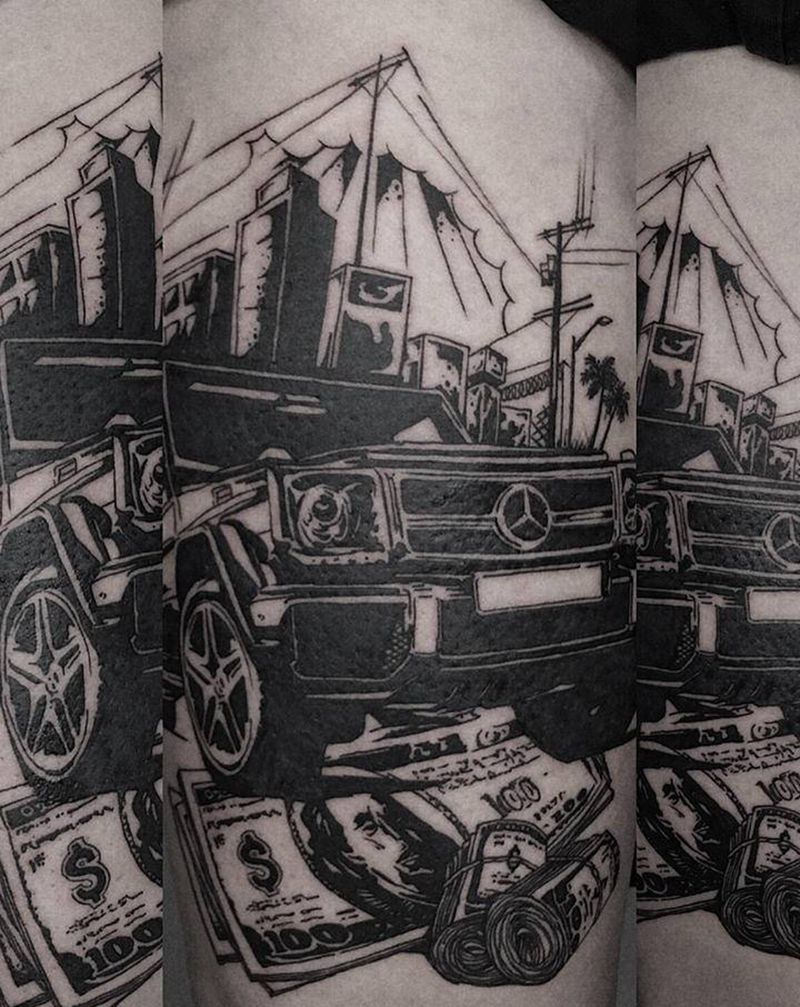 大G纹身图片_腿部图腾Old School西海岸纹身图案