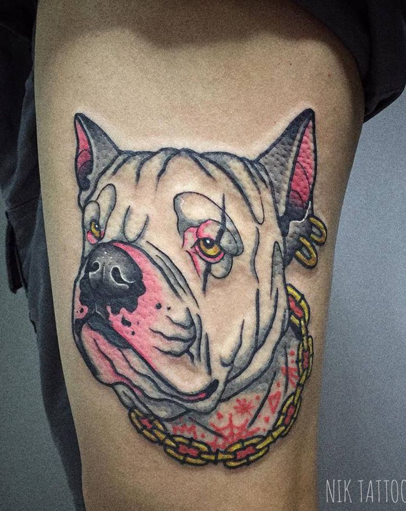 恶霸犬纹身图片_腿部Old School纹身图案