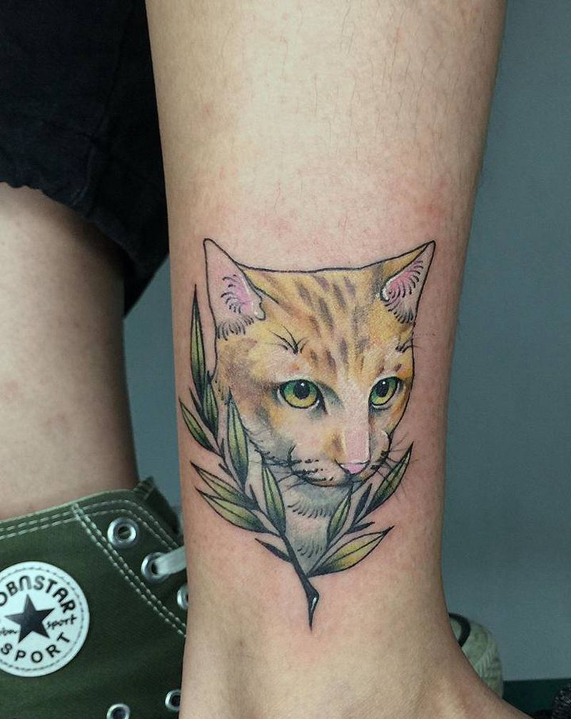 猫纹身图片_脚部水彩New School猫纹身图案