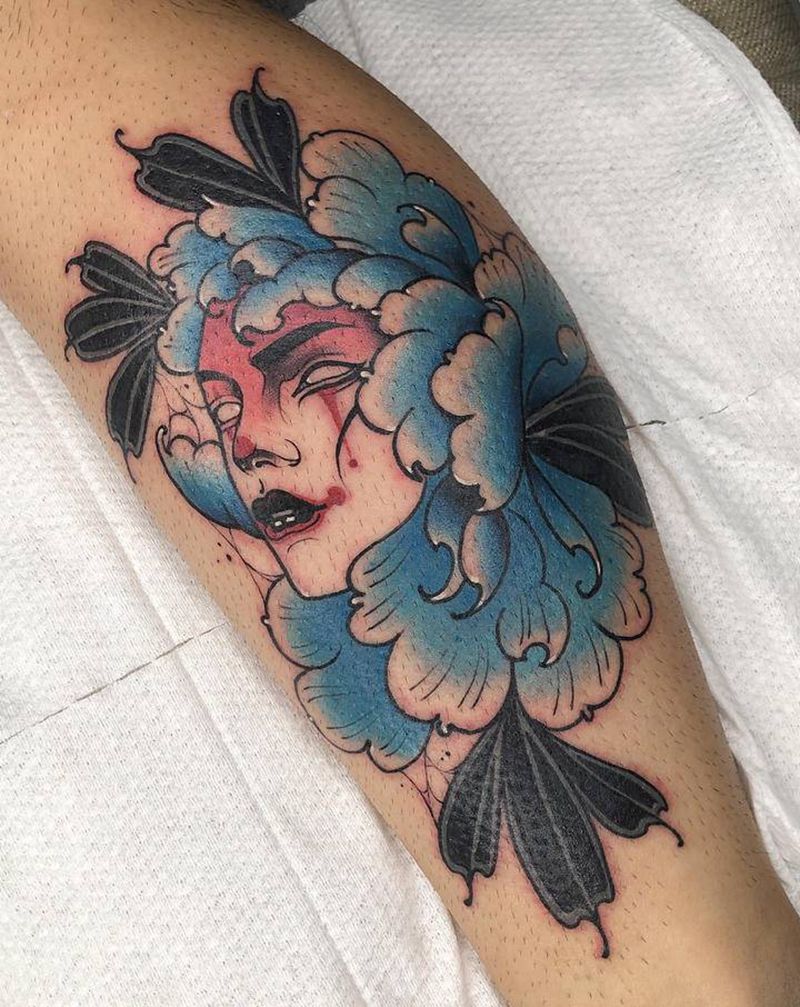 女人花纹身图片_腿部New School水彩纹身图案