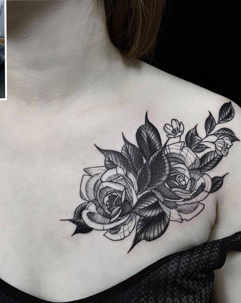 素花遮盖纹身图片_胸部几何点刺纹身图案