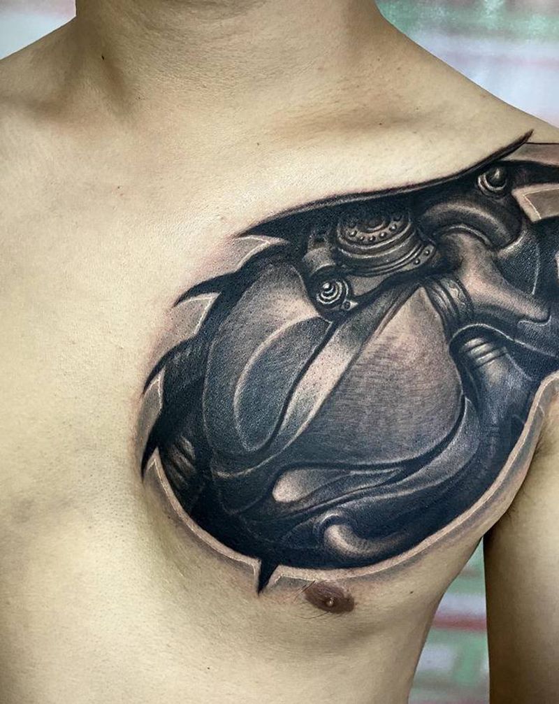 机械心脏纹身图片_胸部肩部欧美写实机械纹身图案