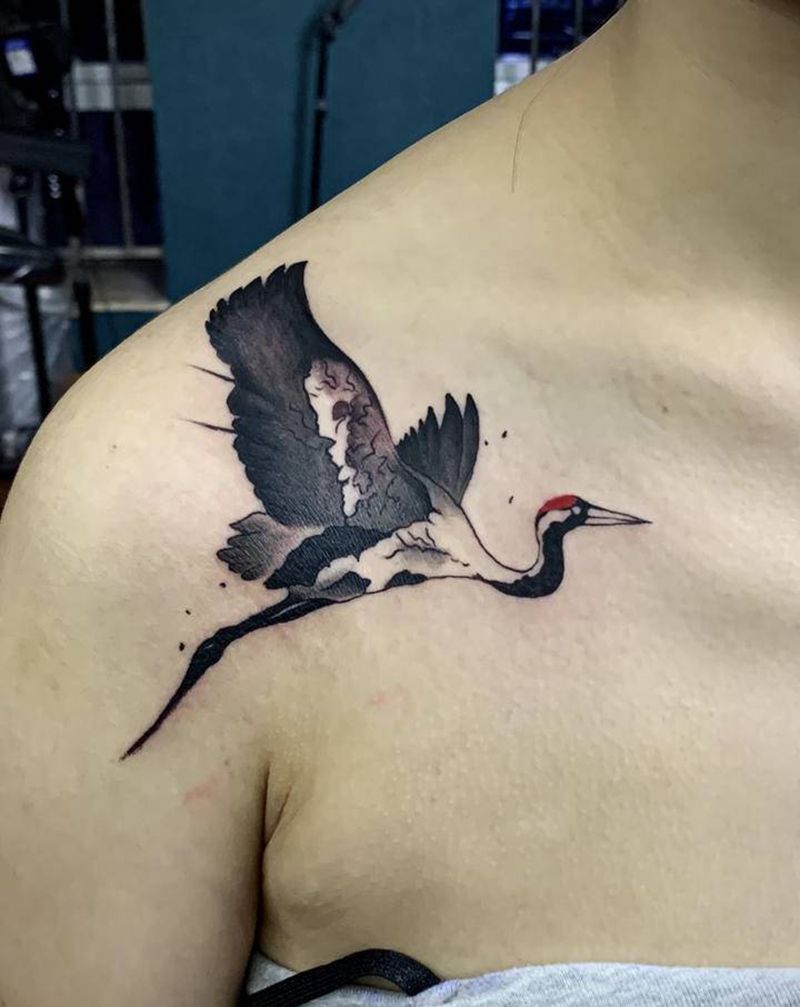 仙鹤纹身图片_手臂肩部新传统水墨纹身图案