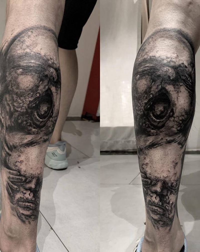 暗黑风格写实纹身图片_腿部欧美写实婴儿暗黑恐怖纹身图案