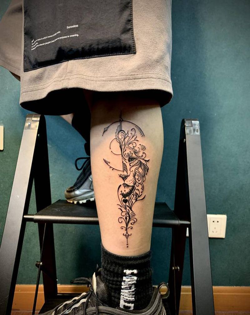 线性狮子纹身图片_腿部点刺几何纹身图案