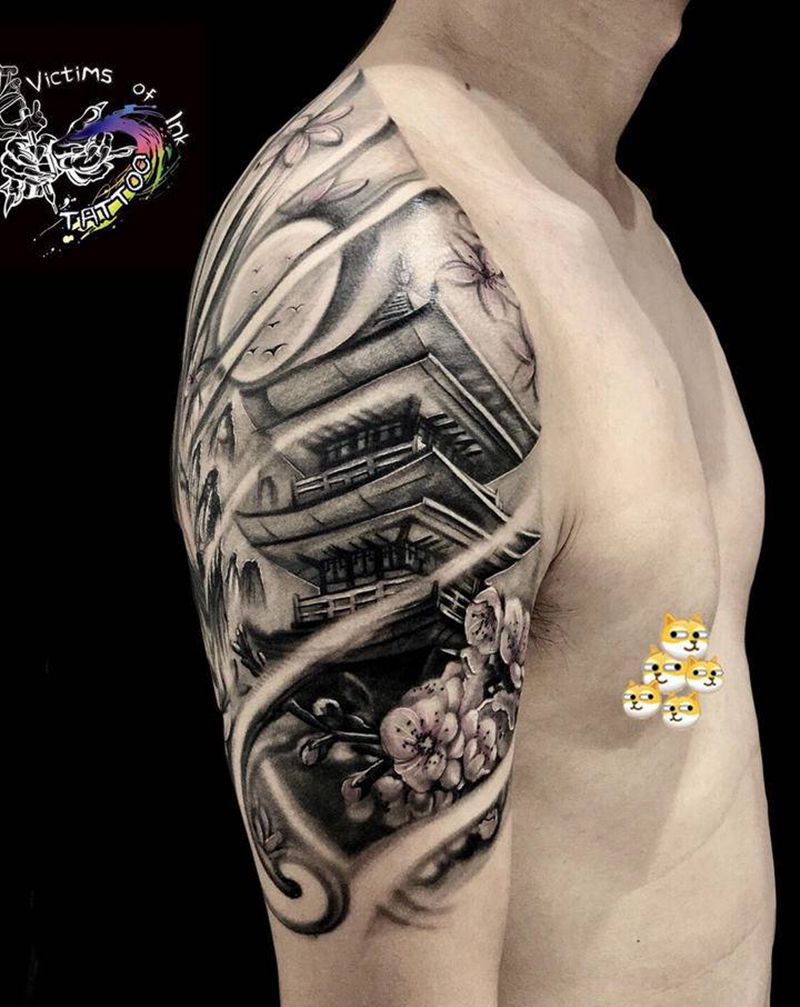 宫楼纹身图片_手臂欧美写实纹身图案