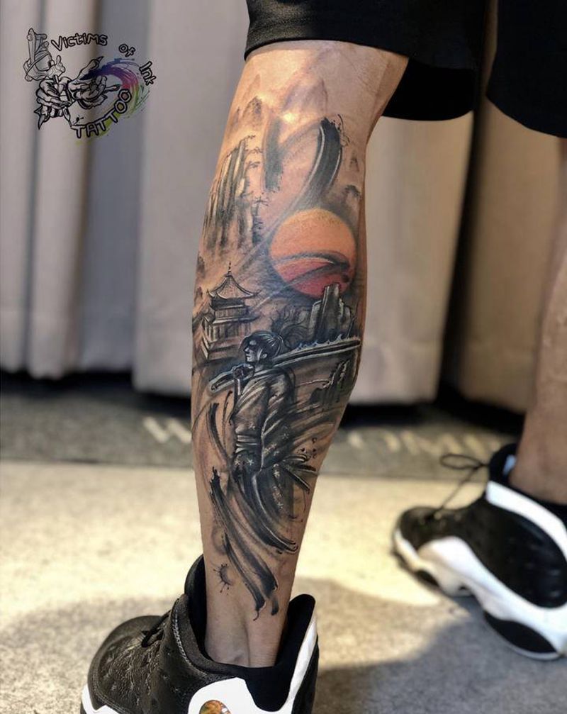 墨客纹身图片_腿部水墨纹身图案