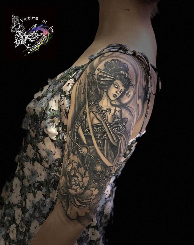 艺妓纹身图片_手臂新传统纹身图案