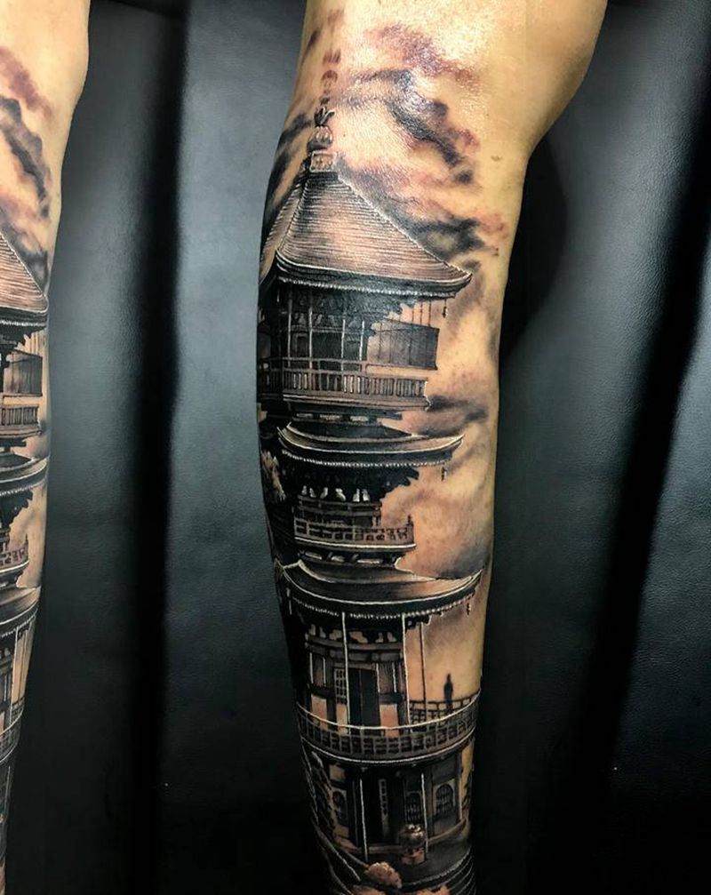 古塔纹身图片_腿部欧美写实中式风纹身图案