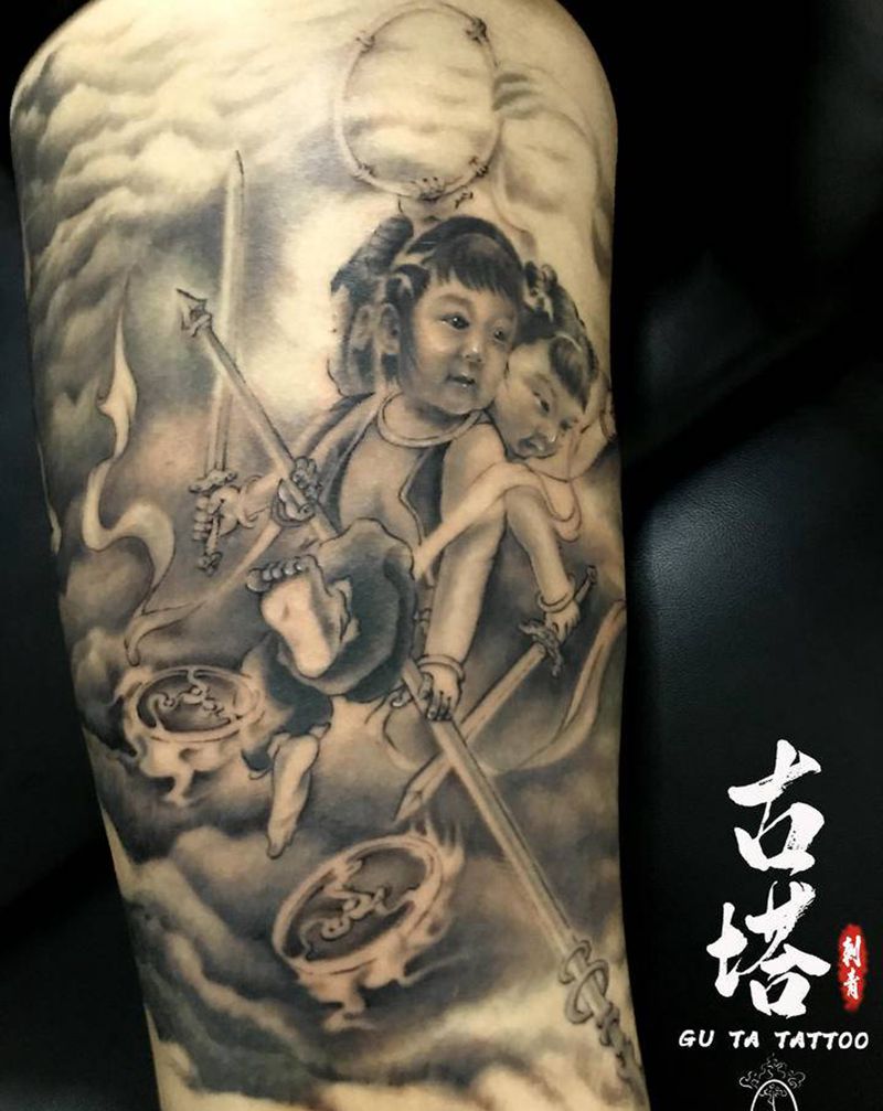 哪吒(孩子肖像)纹身图片_腿部欧美写实中式风纹身图案