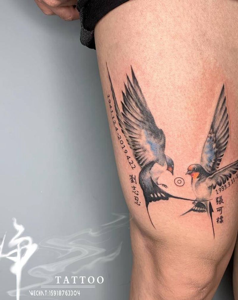 燕子纹身图片_腿部水彩水墨燕子纹身图案