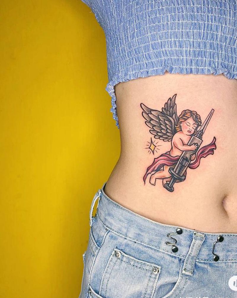小天使纹身图片_腹部New School天使纹身图案