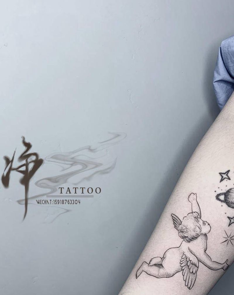 小天使纹身图片_手臂手部欧美写实点刺天使纹身图案