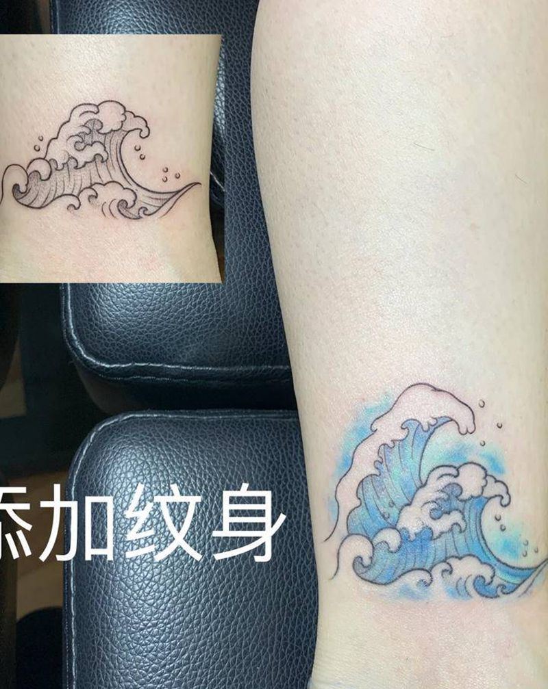 浪花纹身图片_脚部腿部水彩点刺水彩浪花纹身图案