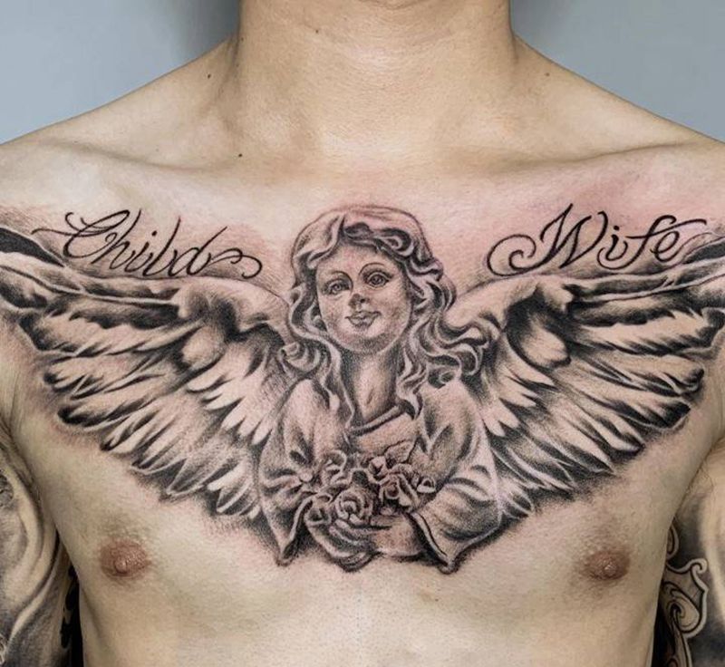 天使纹身图片_手臂胸部欧美写实水彩天使花臂纹身图案