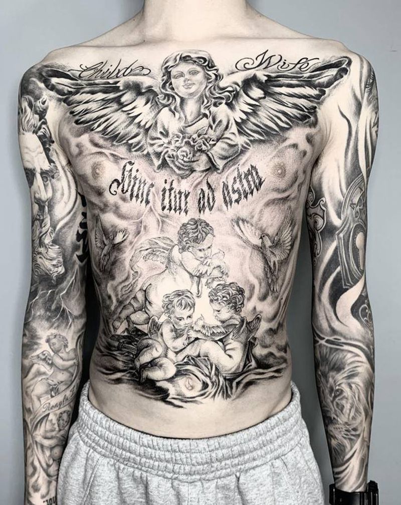 花臂花胸拼接纹身图片_胸部手臂欧美写实新传统花臂花胸天使纹身图案