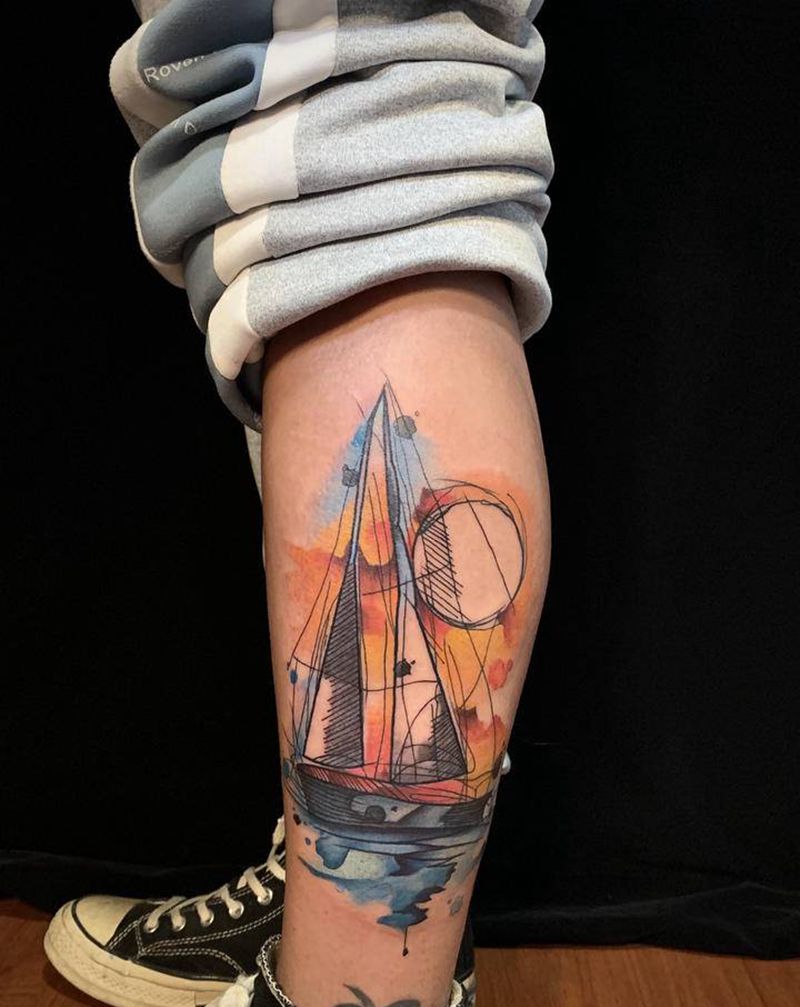彩色帆船纹身图片_腿部水彩纹身图案