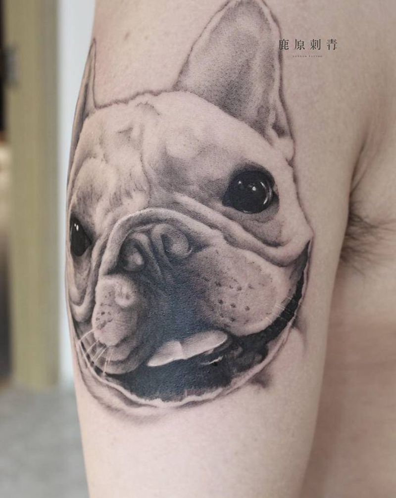 法斗纹身图片_肩部手臂欧美写实法斗狗狗斗牛纹身图案