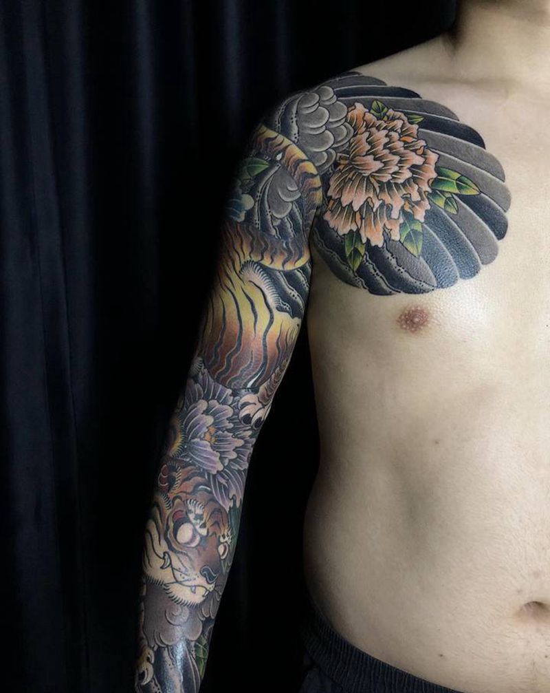 老传统花臂半甲纹身图片_手臂手部老传统日式老虎日式花臂纹身图案