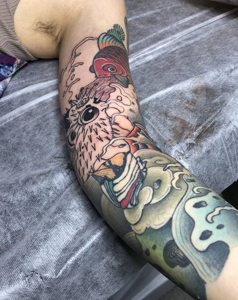 七分袖花臂纹身图片_手臂新传统New School纹身图案