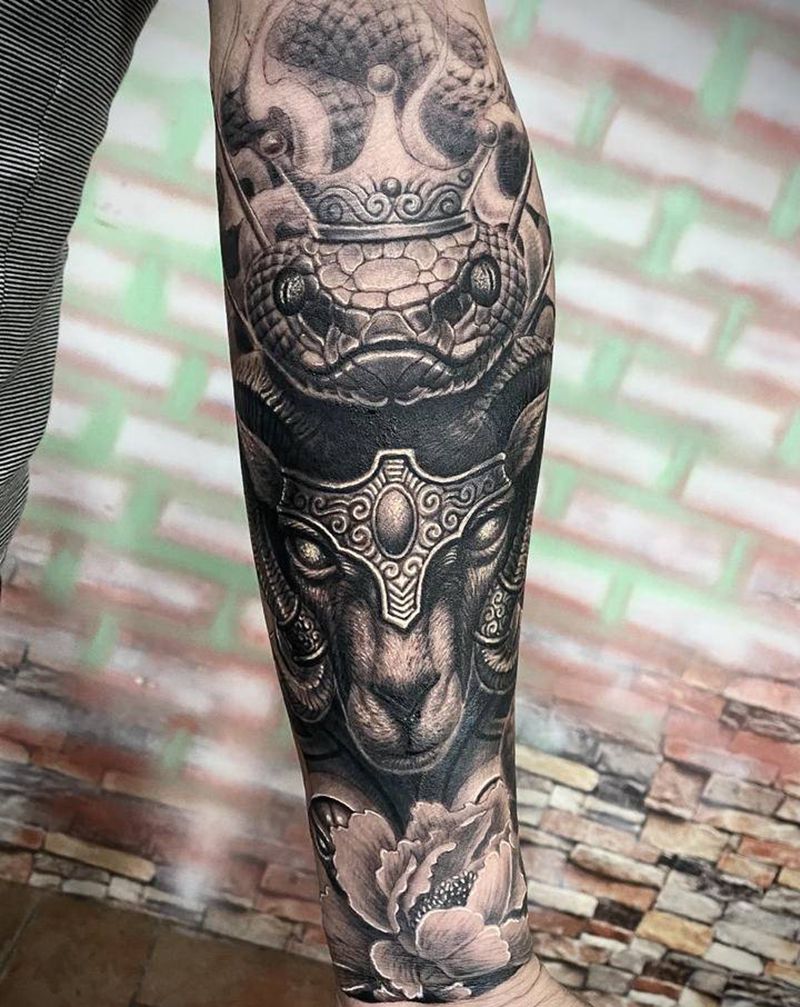 羊蛇纹身图片_手臂手部欧美写实纹身图案