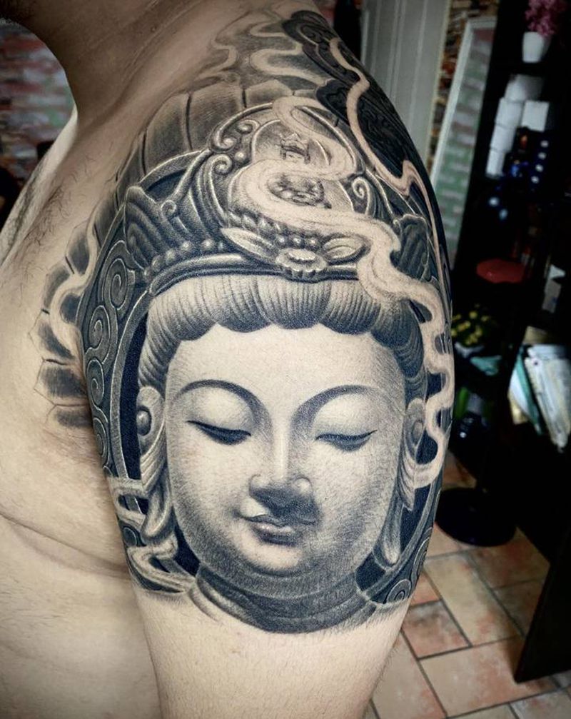 半甲菩萨纹身图片_手臂背部欧美写实新传统纹身图案