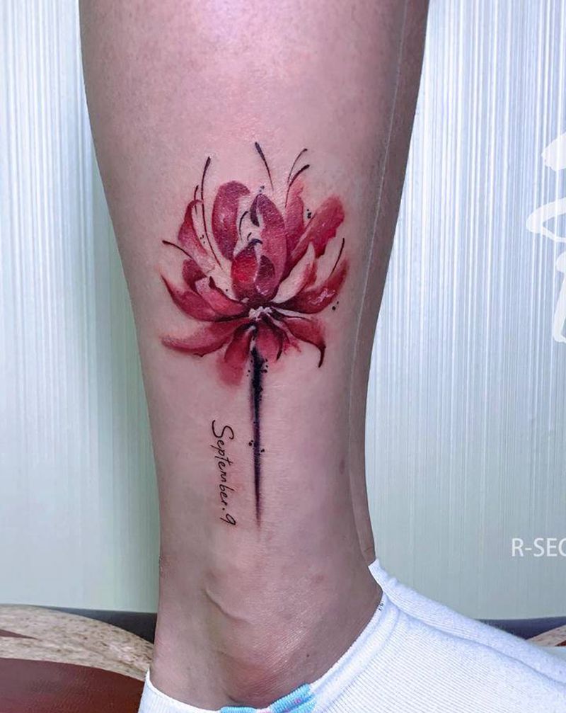 【彼岸花】纹身图片_脚部腿部水彩水墨彼岸花花纹身图案