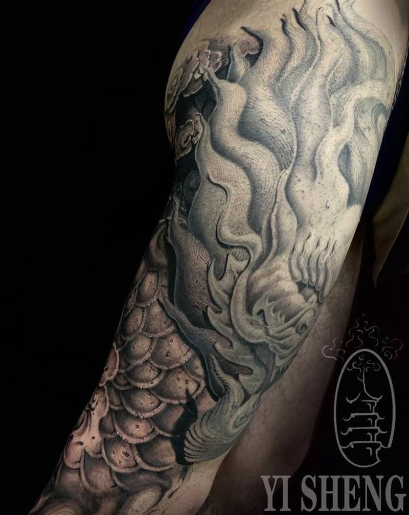 石雕龙柱纹身图片_腿部纹身图案