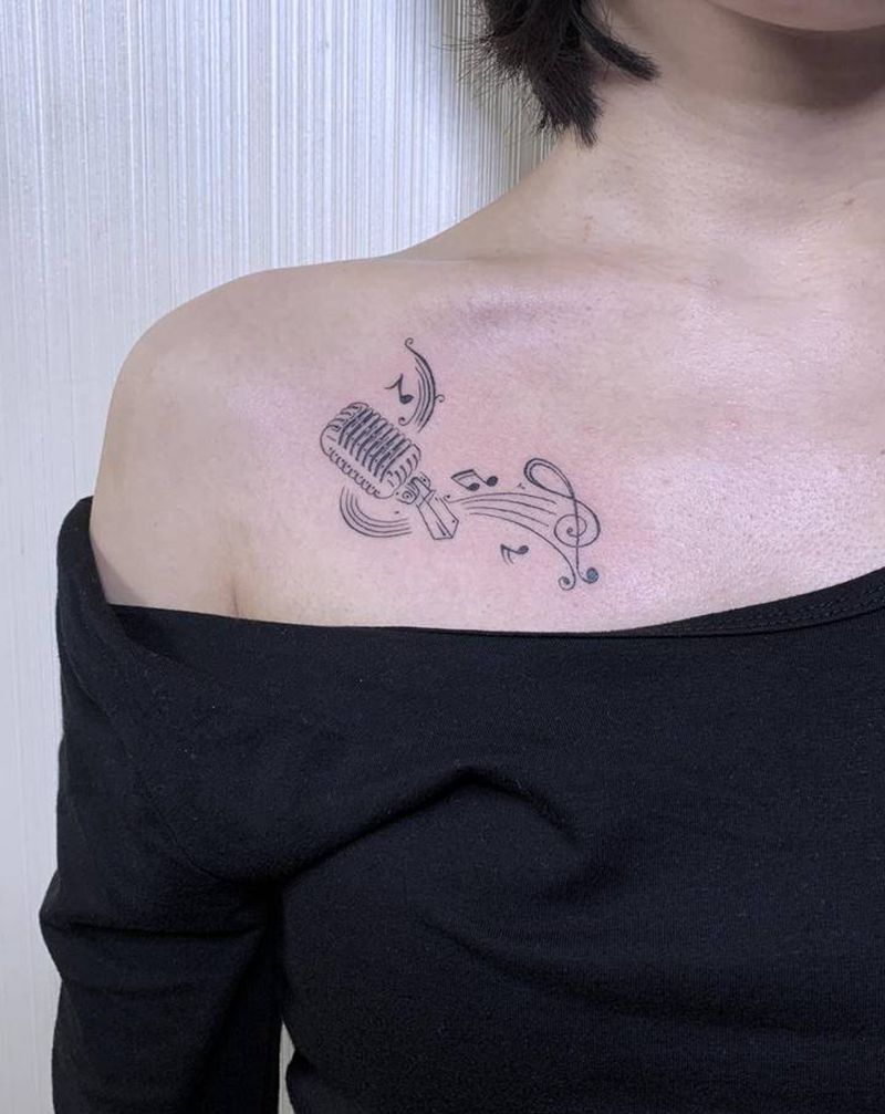 【麦克风】纹身图片_胸部肩部New School麦克风音乐纹身图案