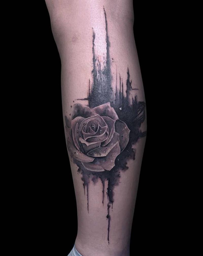 【玫瑰】纹身图片_腿部脚部水墨水彩纹身图案