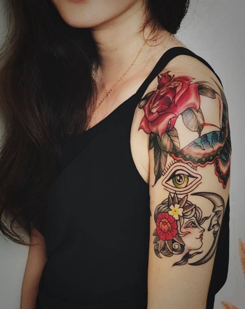 肩花包臂  玫瑰 月亮纹身图片_肩部手臂New School纹身图案