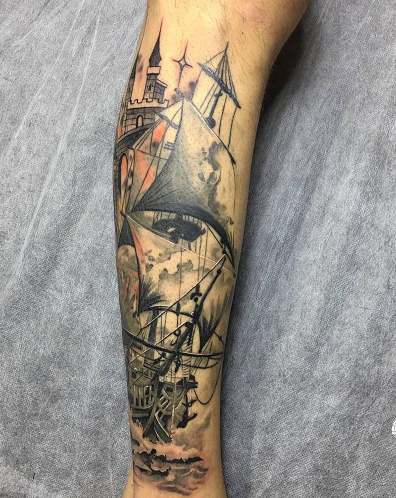 帆船纹身图片_腿部纹身图案