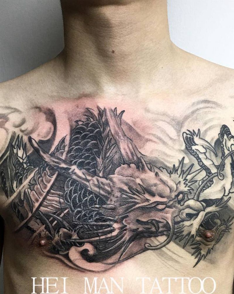 龙遮盖纹身图片_胸部纹身图案