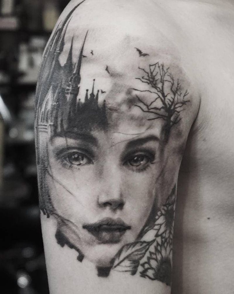 美女肖像与建筑纹身图片_手臂欧美写实美女建筑天使纹身图案