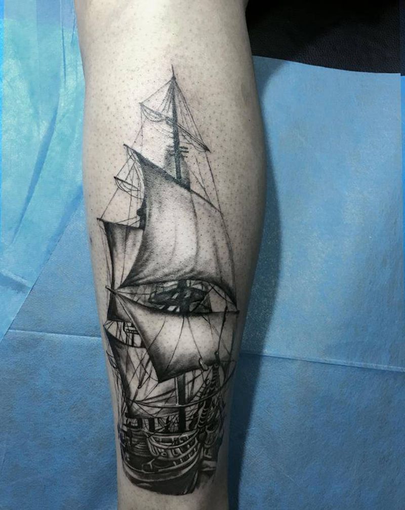 帆船纹身图片_腿部纹身图案