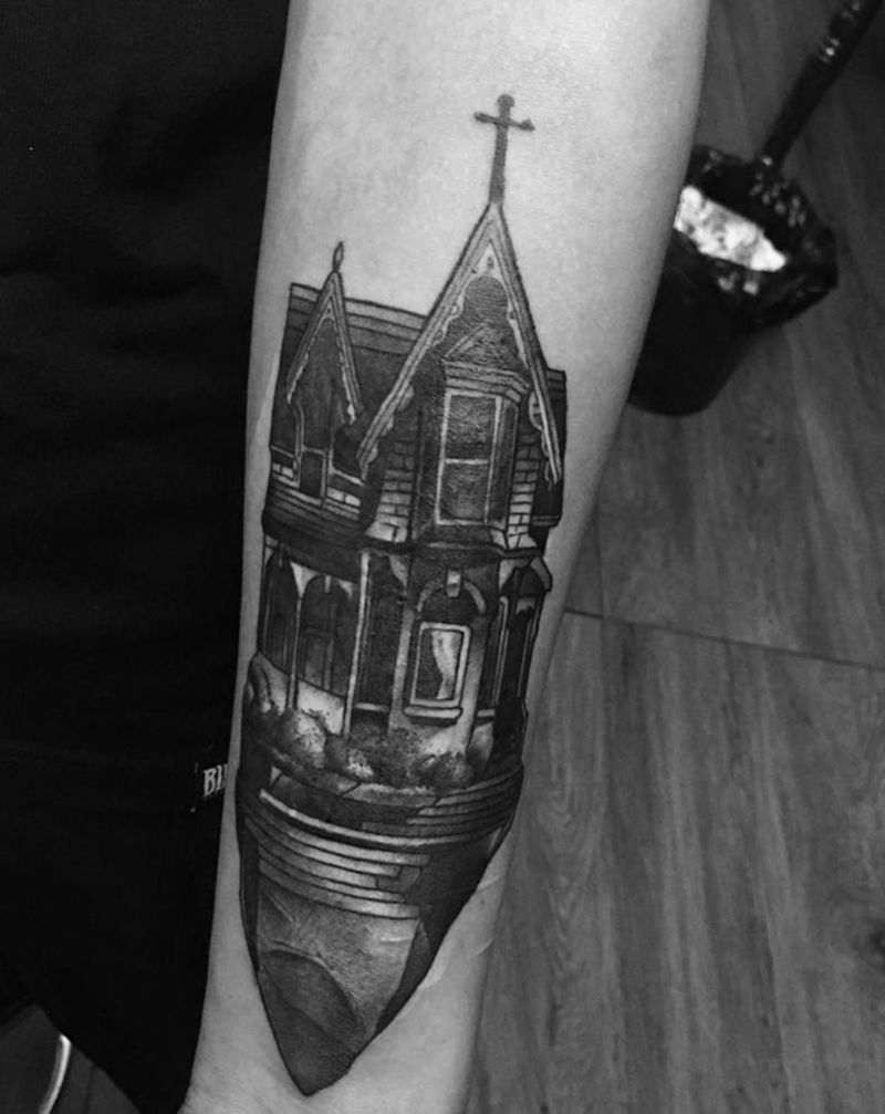 建筑遮盖纹身图片_手臂纹身图案