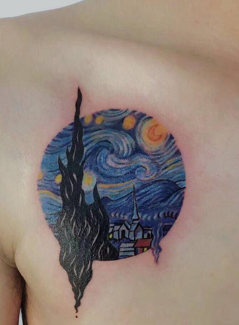 梵高《星空》纹身图片_胸部纹身图案