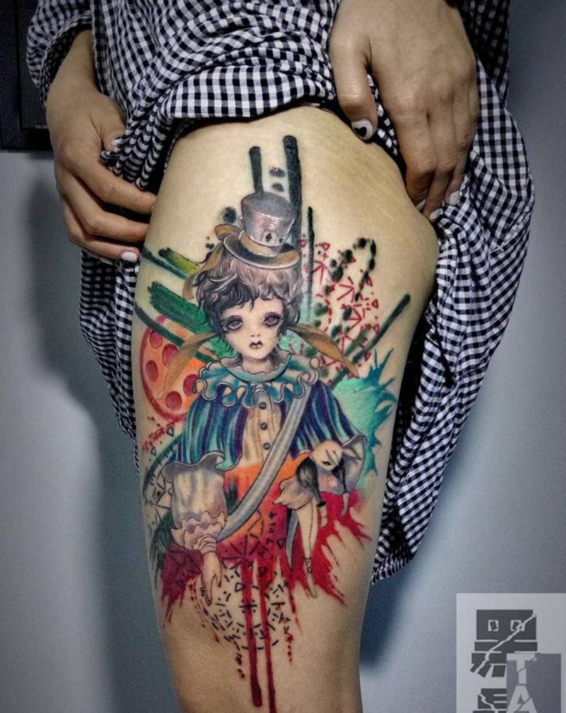 水彩泼墨纹身图片_腿部纹身图案