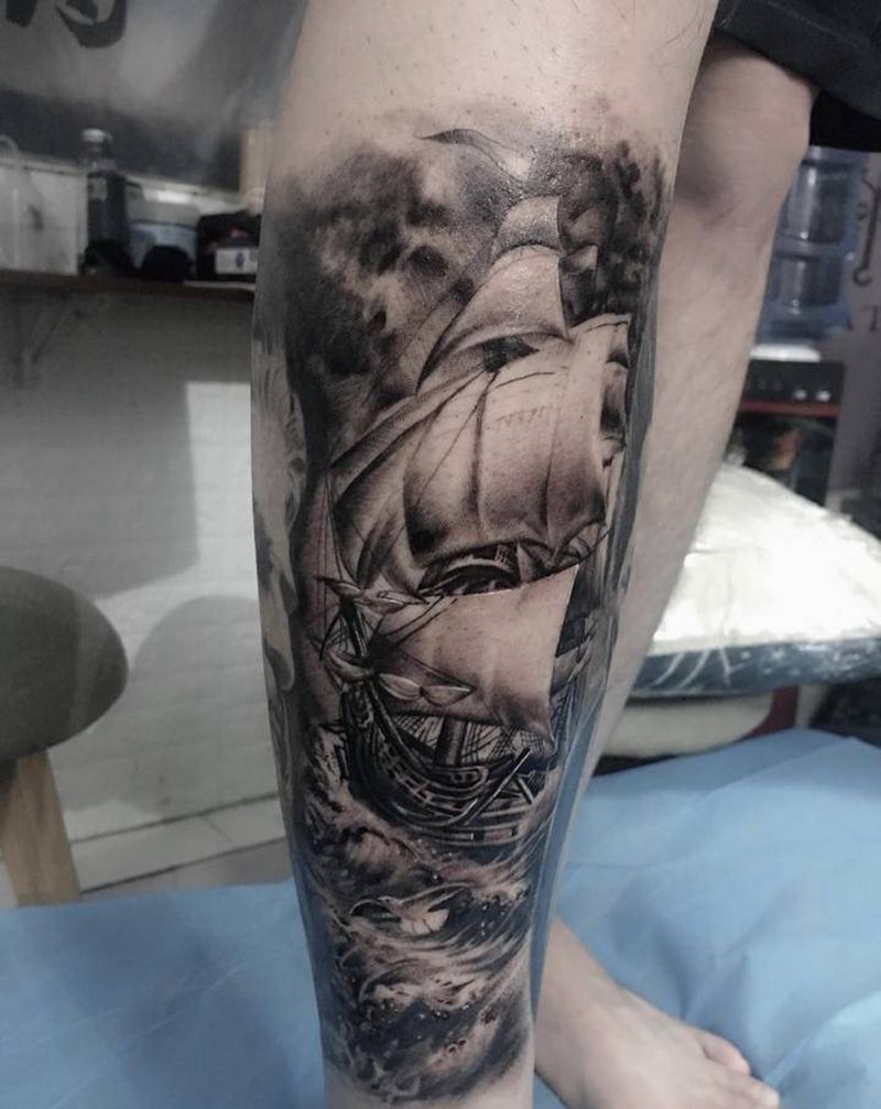 帆船纹身图片_腿部纹身图案