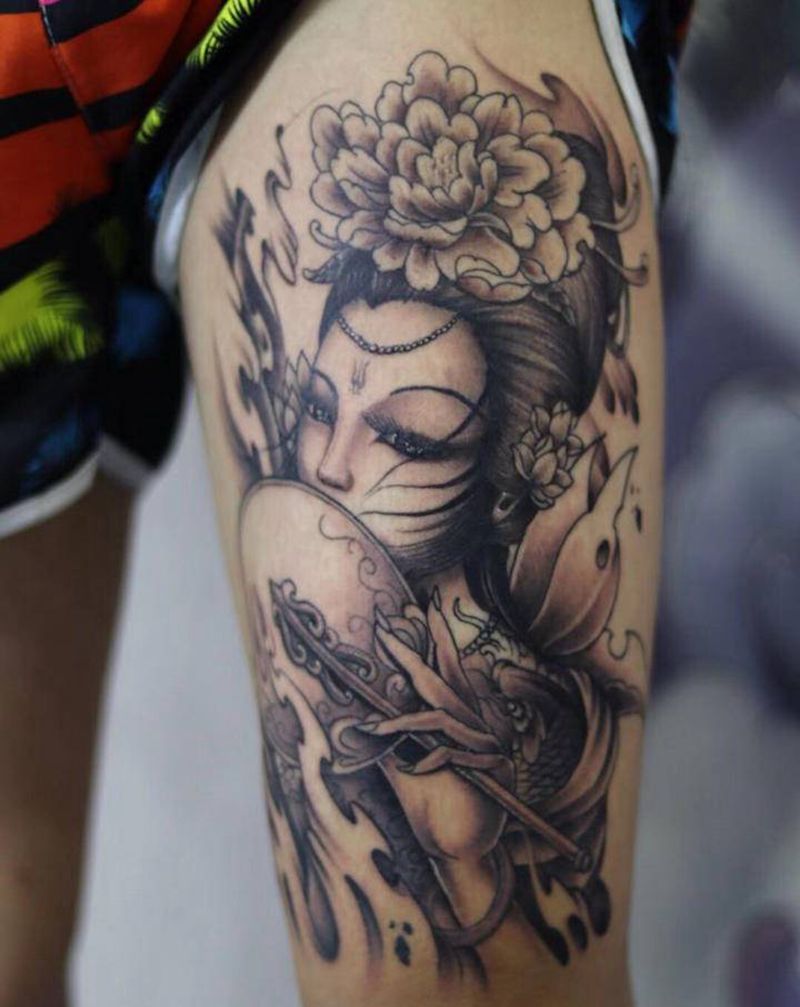 艺妓纹身图片_腿部新传统纹身图案