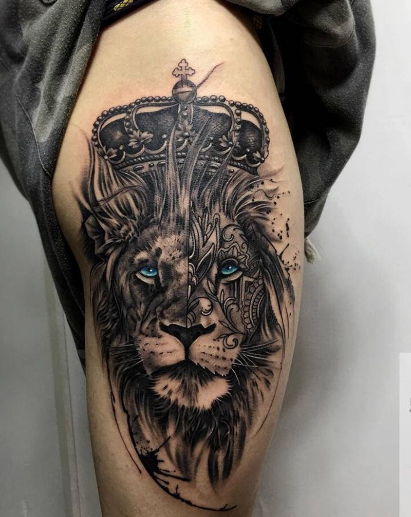 狮子纹身图片_腿部纹身图案