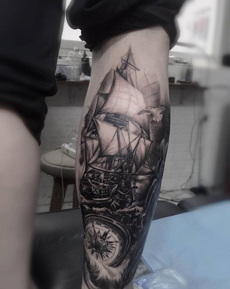 帆船纹身图片_腿部纹身图案