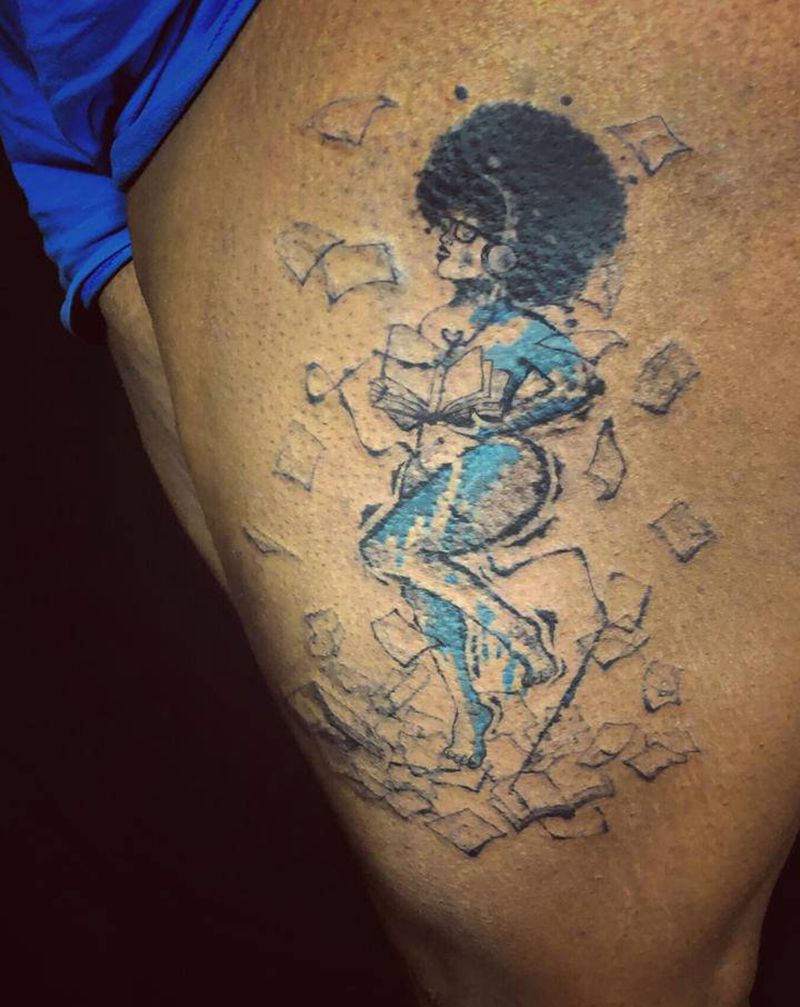 跳舞街纹身图片_腿部手臂水彩点刺抽象线条另类纹身图案