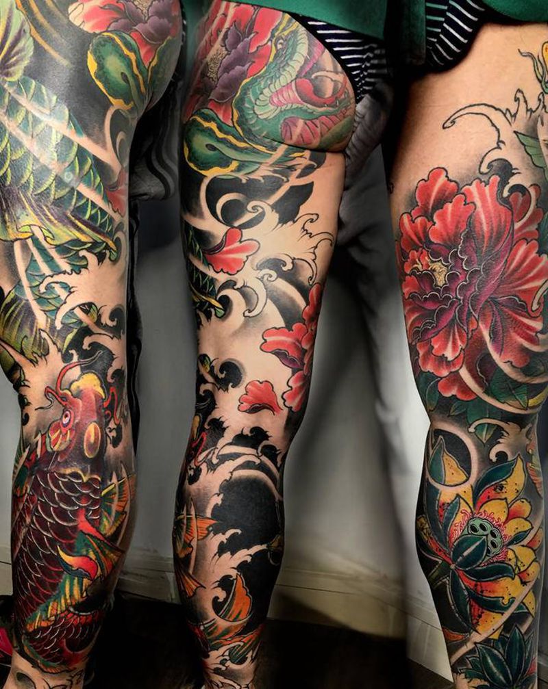 花腿遮盖纹身图片_腿部新传统纹身图案