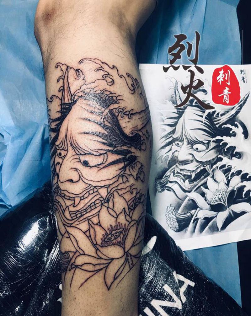 般若线条纹身图片_脚部腿部老传统新传统纹身图案