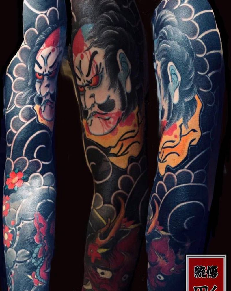 日式遮盖修改纹身图片_手臂手部老传统新传统生首 般若纹身图案