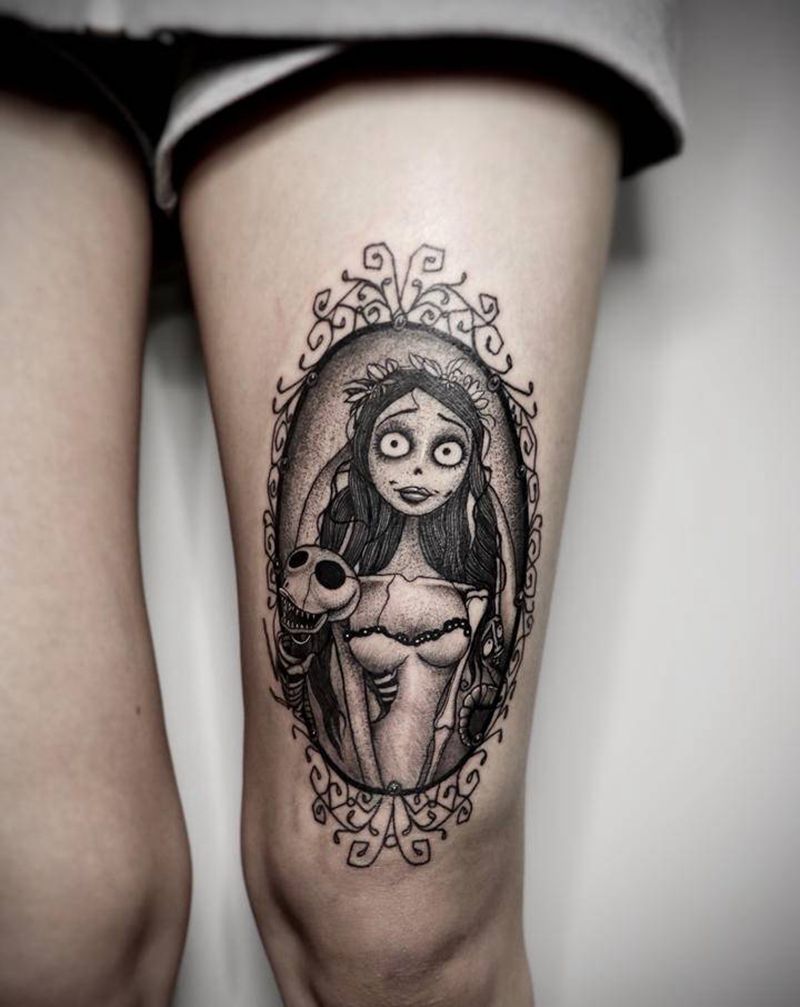 遮盖作品纹身图片_腿部脚部点刺僵尸新娘纹身图案