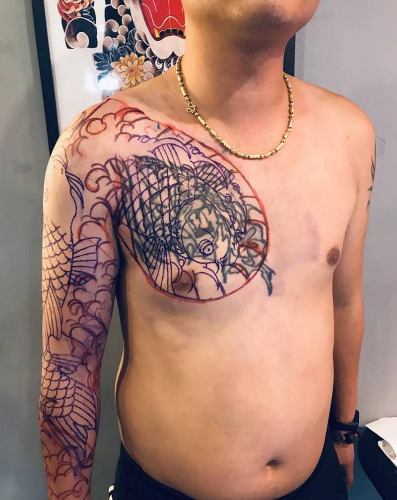 日式遮盖纹身图片_胸部手臂老传统纹身图案