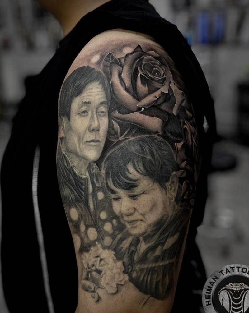 【父母】纹身图片_手臂欧美写实肖像纹身图案